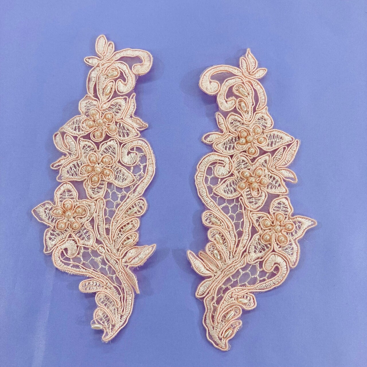 1 Pair Beaded Lace Applique Embroidered on 100% Polyester Organza 7" x 2.5" Each Side